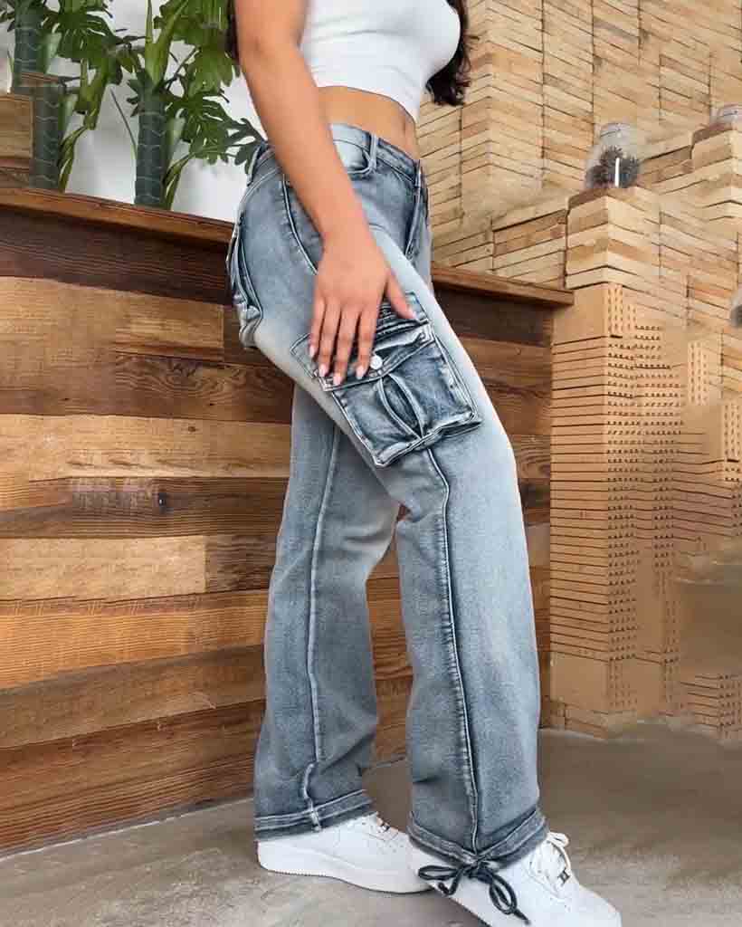 90er Jahre Vintage Klappentaschen Niedrigtaillierte Gerade Cargo Jeans