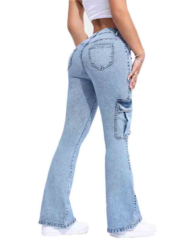 Mehrfachtaschen Doppelknopf Mid-Rise Flared Cargo Jeans