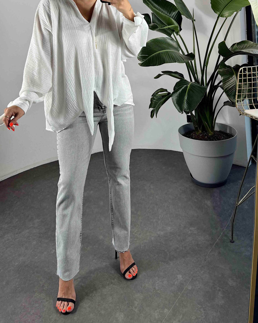 Hochtaillierte Boyfriend Damenjeans Grau