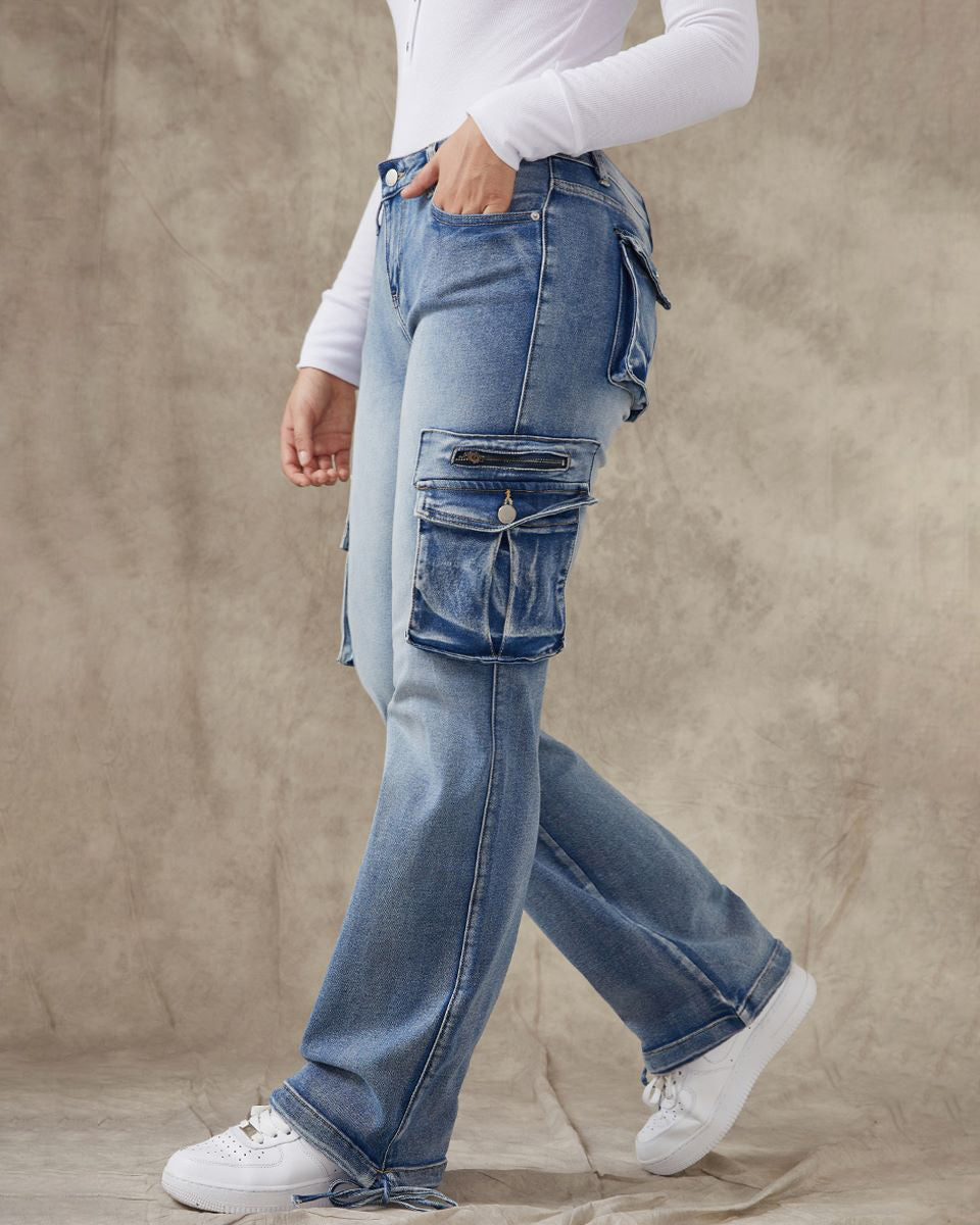 90er Jahre Vintage Klappentaschen Niedrigtaillierte Gerade Cargo Jeans