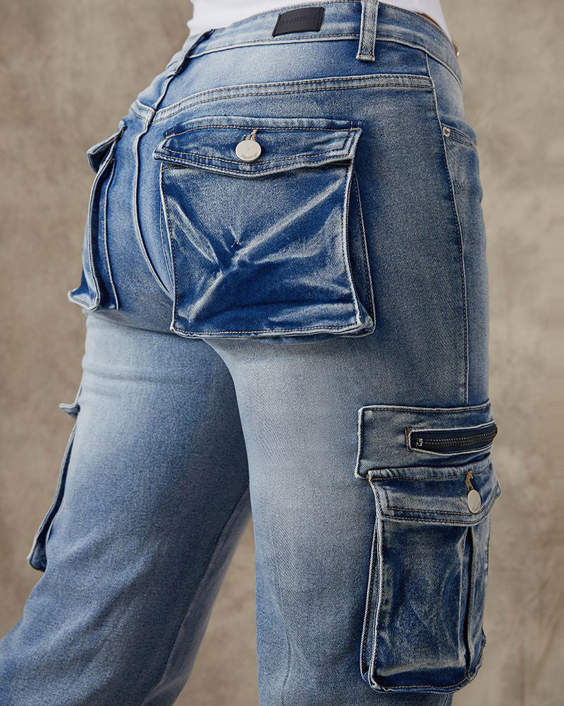 90er Jahre Vintage Klappentaschen Niedrigtaillierte Gerade Cargo Jeans