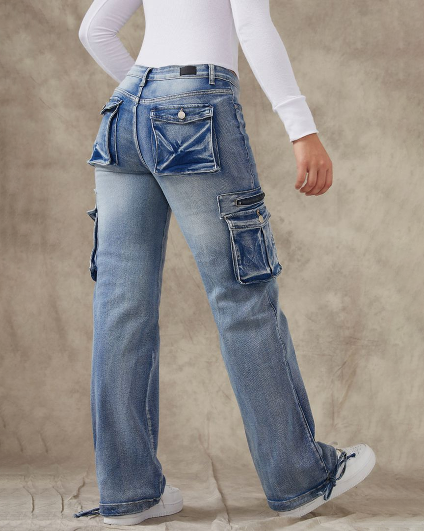 90er Jahre Vintage Klappentaschen Niedrigtaillierte Gerade Cargo Jeans