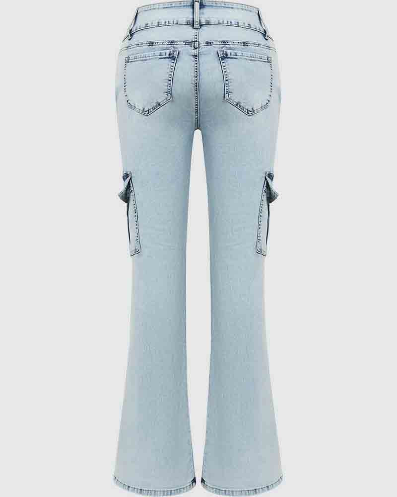 Mehrfachtaschen Doppelknopf Mid-Rise Flared Cargo Jeans