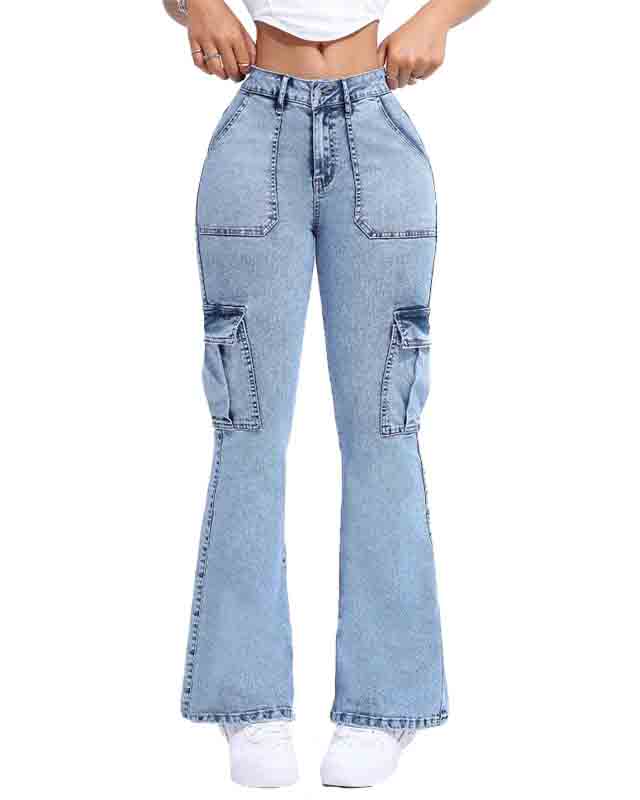 Mehrfachtaschen Doppelknopf Mid-Rise Flared Cargo Jeans