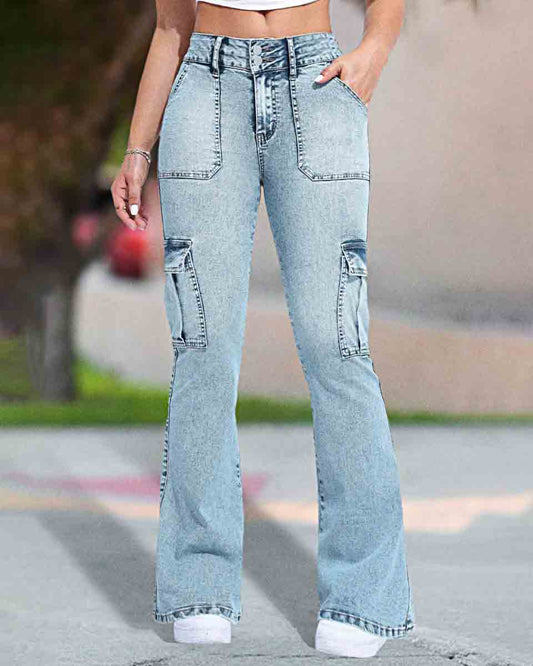 Mehrfachtaschen Doppelknopf Mid-Rise Flared Cargo Jeans