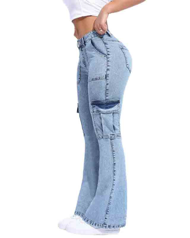 Mehrfachtaschen Doppelknopf Mid-Rise Flared Cargo Jeans