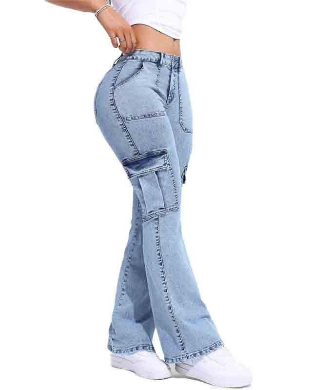 Mehrfachtaschen Doppelknopf Mid-Rise Flared Cargo Jeans