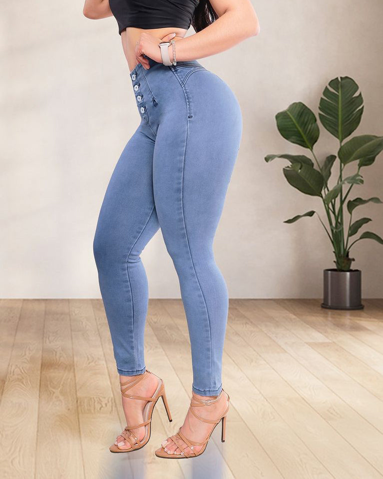 High Waist Multiple Buttons Control Butt Push Up Skinny Jeans