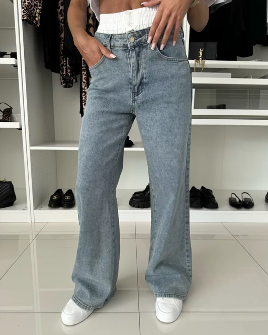 Hochtaillierte Weite Bein Jeans mit weißen Einsätzen