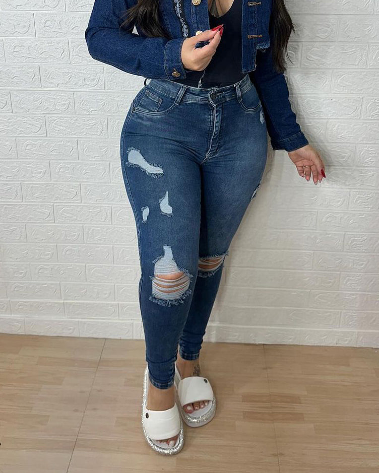 Hochtaillierte Skinny Ripped Po-Push-up Jeans