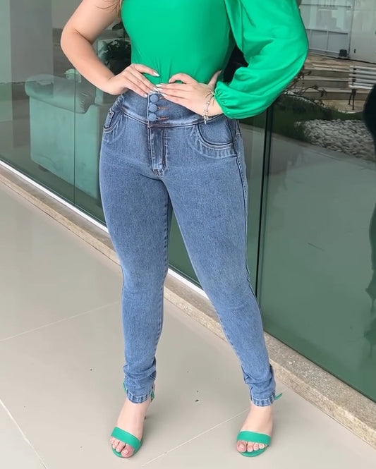 Hochsitzende Jeans mit Bauchgurt und Stretcht-Effekt für den Po