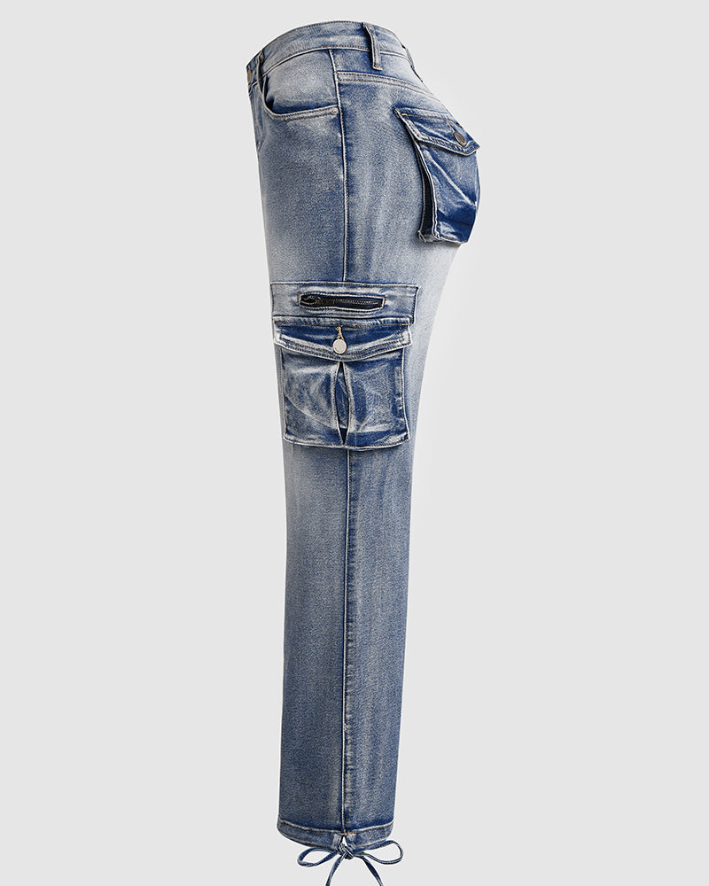 90er Jahre Vintage Klappentaschen Niedrigtaillierte Gerade Cargo Jeans