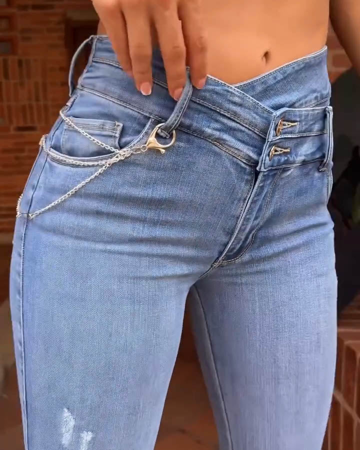 Leichte Skinny Butt Lift Jeans mit asymmetrischem Bund