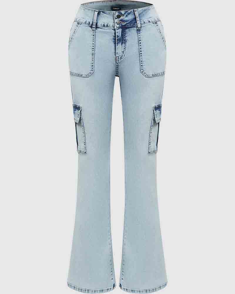 Mehrfachtaschen Doppelknopf Mid-Rise Flared Cargo Jeans