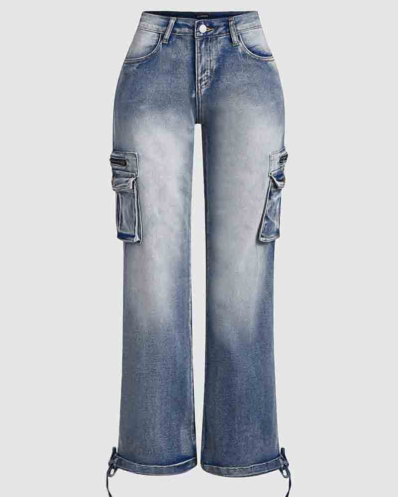 90er Jahre Vintage Klappentaschen Niedrigtaillierte Gerade Cargo Jeans