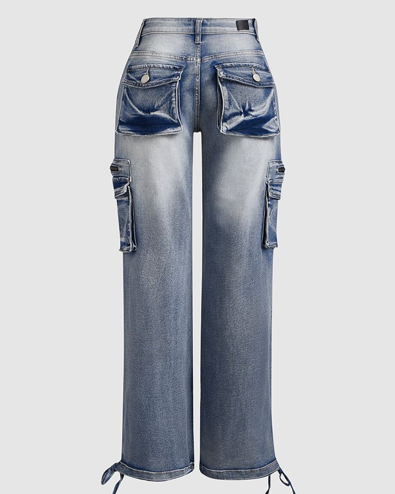 90er Jahre Vintage Klappentaschen Niedrigtaillierte Gerade Cargo Jeans
