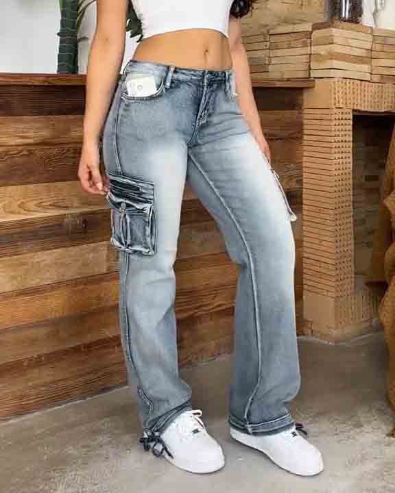90er Jahre Vintage Klappentaschen Niedrigtaillierte Gerade Cargo Jeans