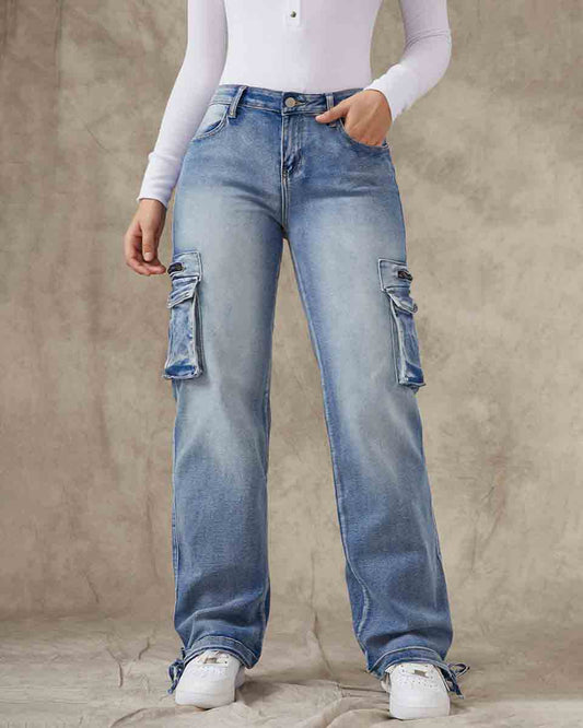 90er Jahre Vintage Klappentaschen Niedrigtaillierte Gerade Cargo Jeans