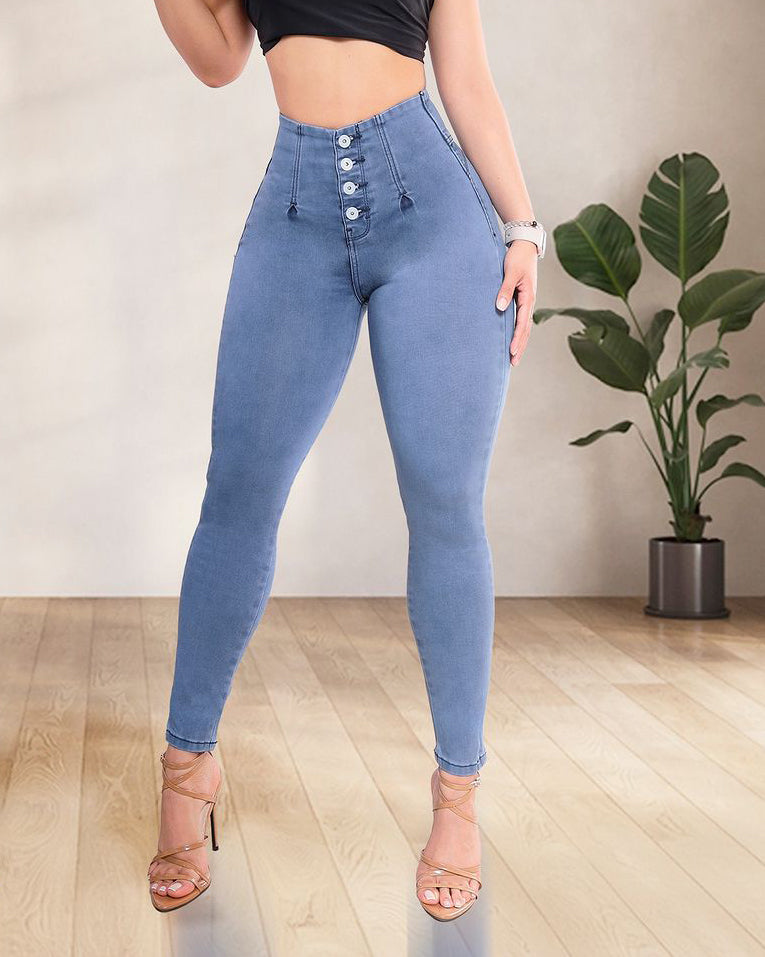 High Waist Multiple Buttons Control Butt Push Up Skinny Jeans