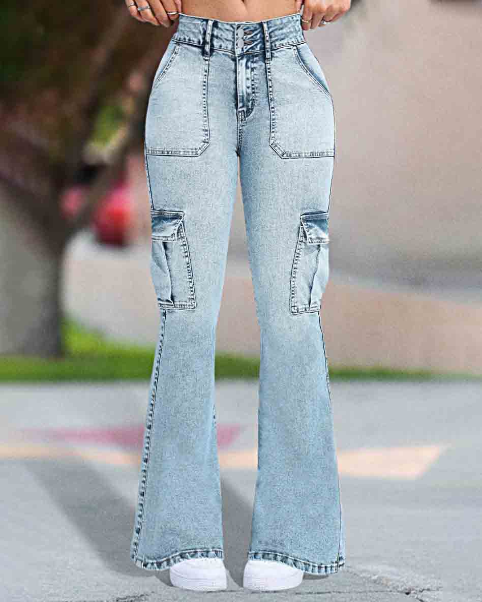 Mehrfachtaschen Doppelknopf Mid-Rise Flared Cargo Jeans