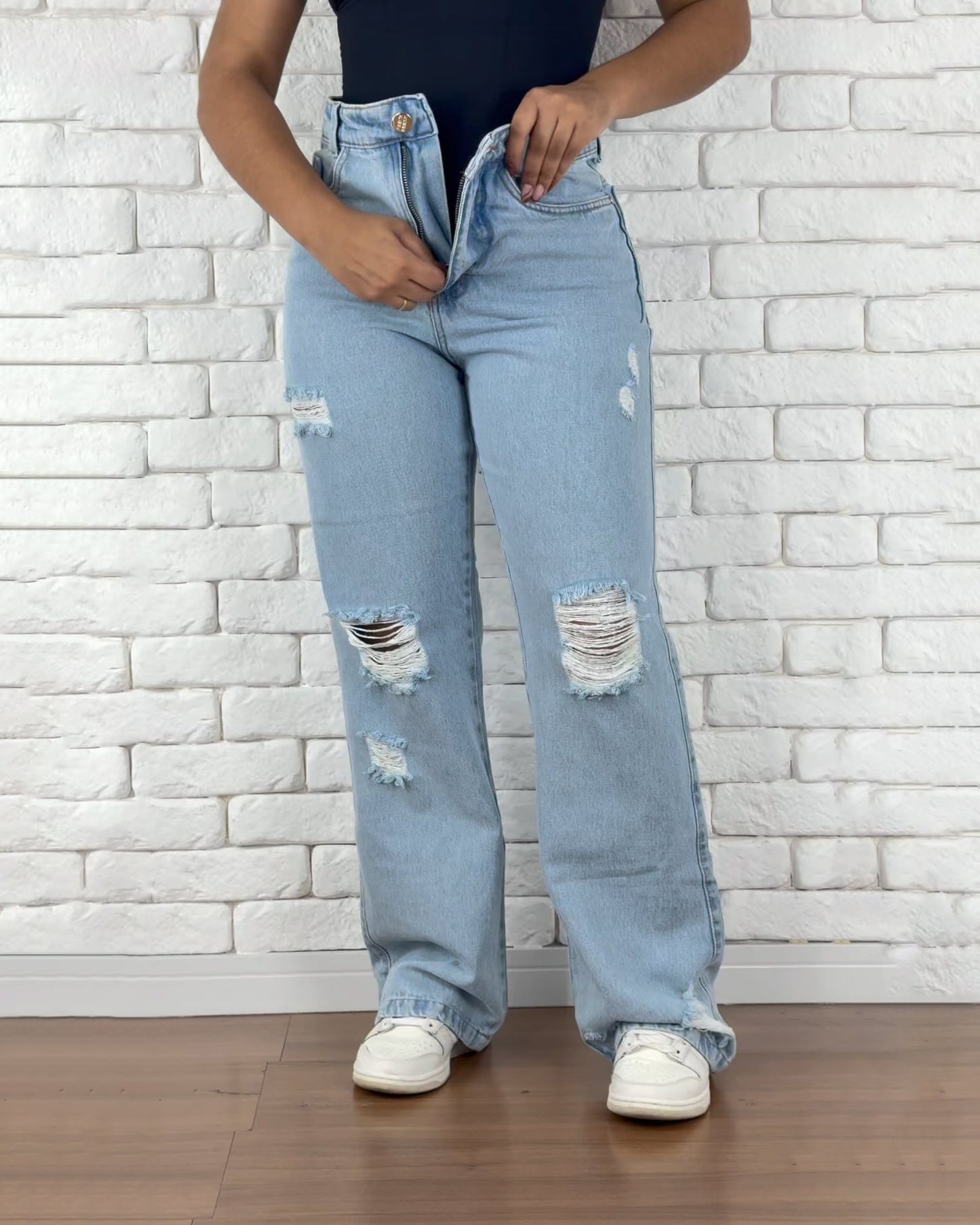 Hochtaillierte Ripped Gerade Weite Jeans