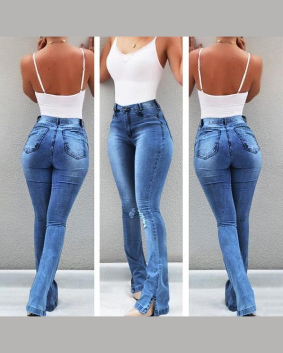 Elastische geschlitzte ausgestellte High-Waist-Jeans Damen-Hose