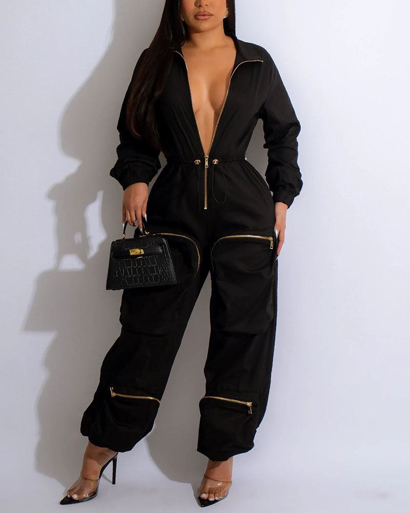 Damen-Lapel-Zipper-Overall mit langen Ärmeln, einfarbig, mehreren Taschen und Reißverschluss