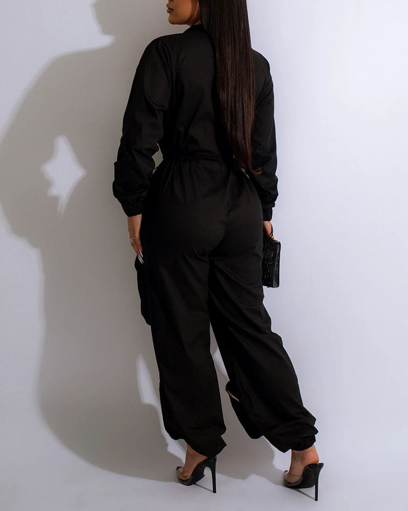 Damen-Lapel-Zipper-Overall mit langen Ärmeln, einfarbig, mehreren Taschen und Reißverschluss