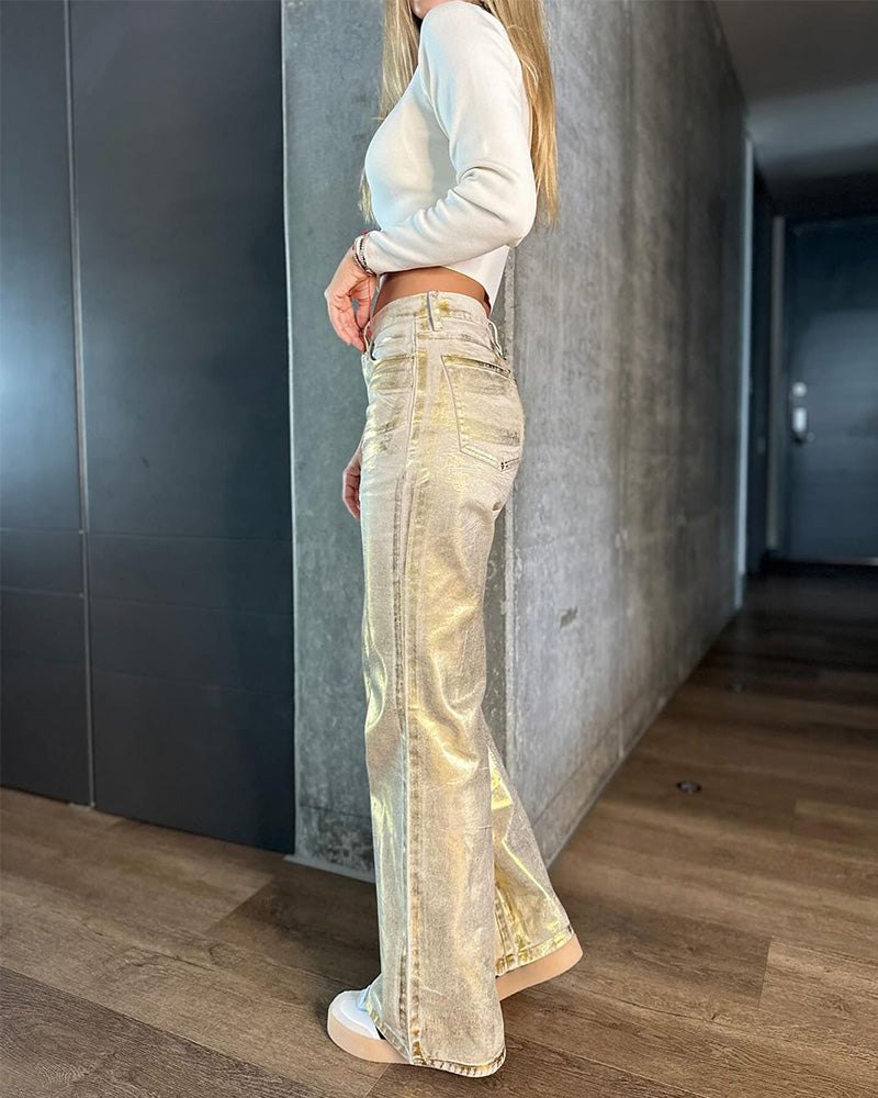 Weiße Metallic Baggy Jeans