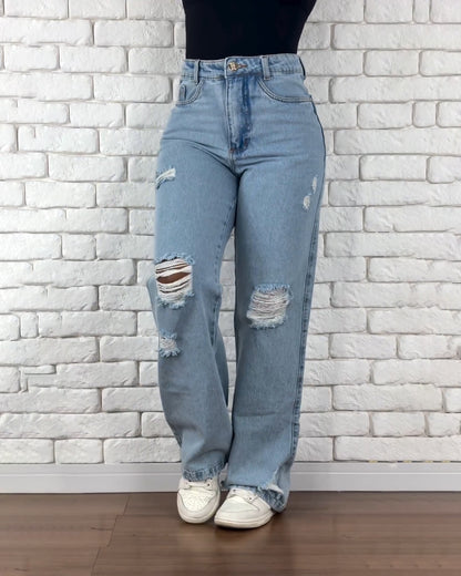 Hochtaillierte Ripped Gerade Weite Jeans