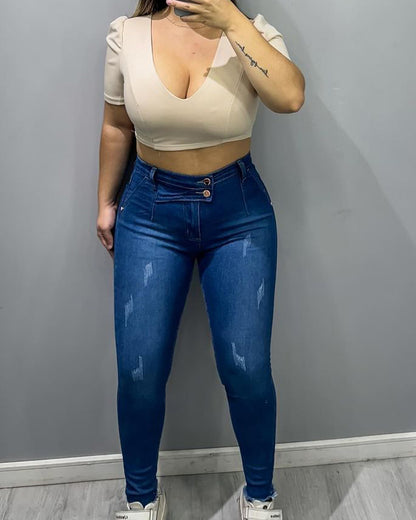 Hochgeschnittene Slim-Fit Stretch-Jeans