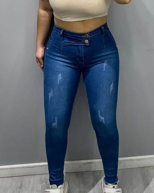 Hochgeschnittene Slim-Fit Stretch-Jeans