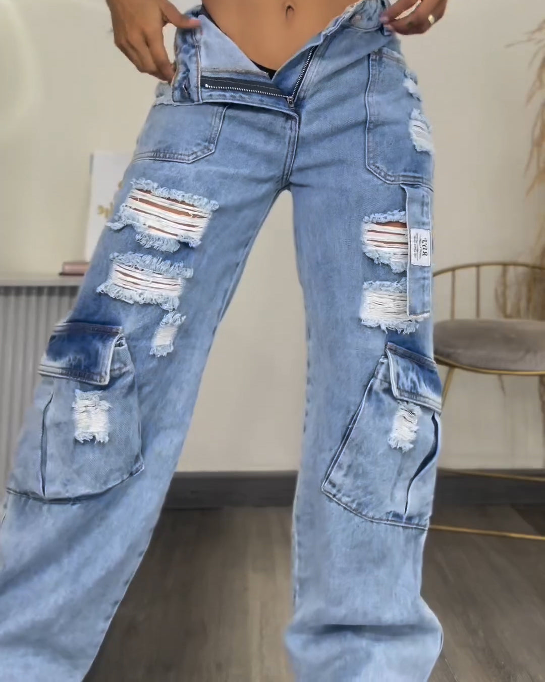Hochtaillierte Cargo Jeans