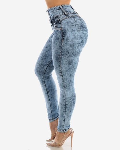 Gesäßanhebende Skinny Jeans mit Marmorierter Waschung und Liftendem Effekt