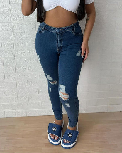 Hochtaillierte Skinny Ripped Pfirsich-Butt Jeans