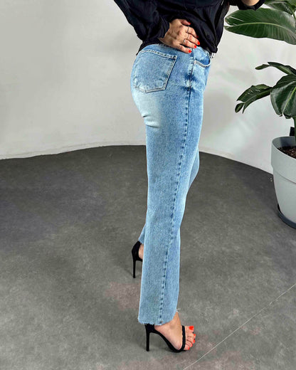 Hochtaillierte Boyfriend Damenjeans Hellblau