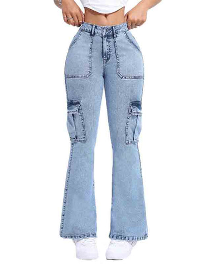 Mehrfachtaschen Doppelknopf Mid-Rise Flared Cargo Jeans