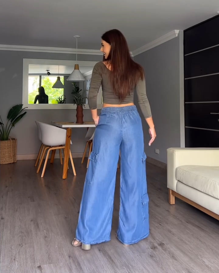 Weite Hose mit hoher Taille und hoher Dehnbarkeit