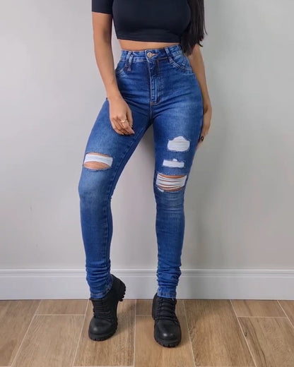 High-Waist Skinny-Jeans mit Destroyed-Optik