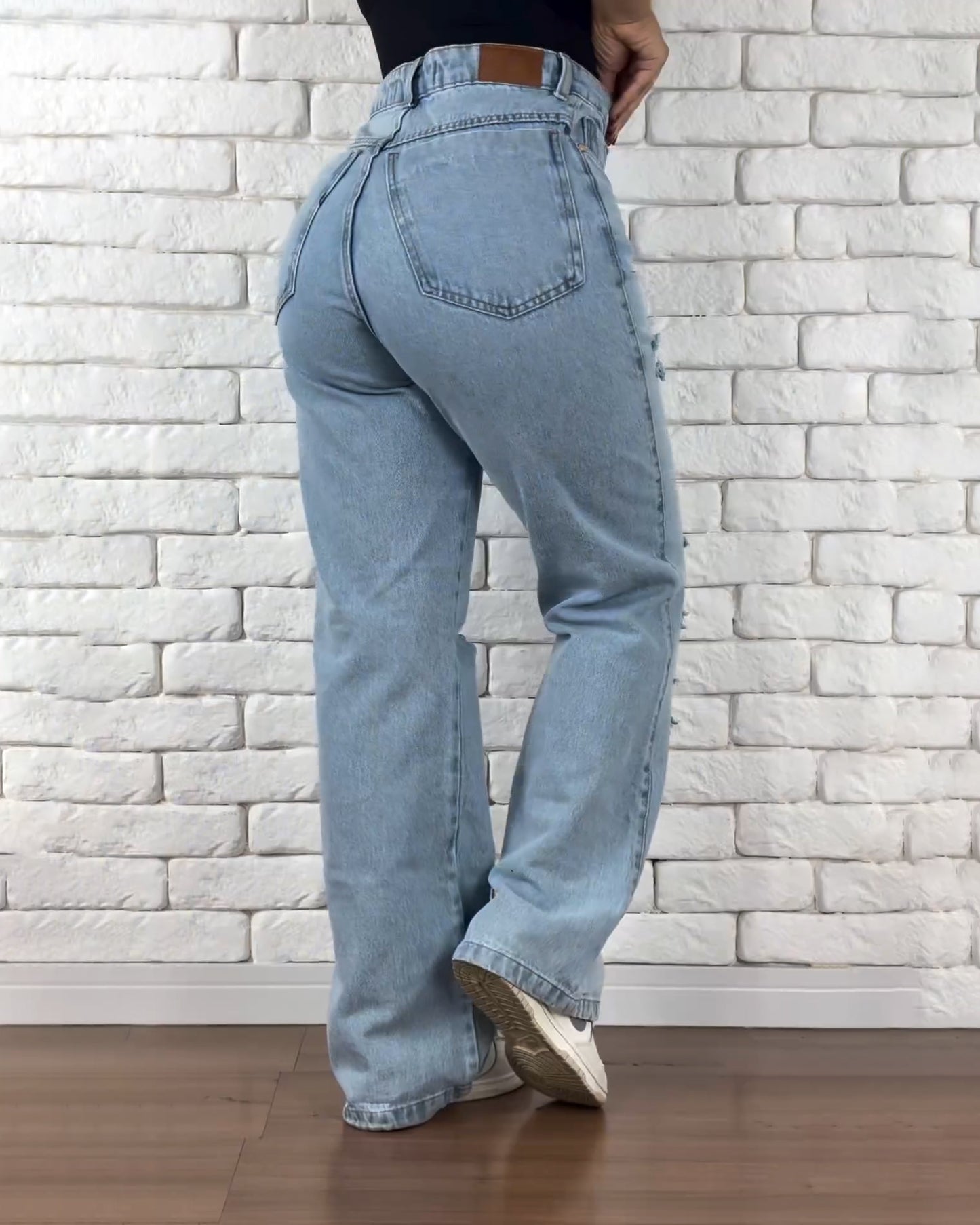 Hochtaillierte Ripped Gerade Weite Jeans