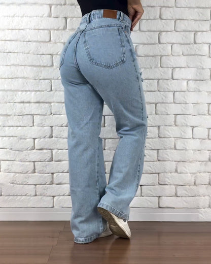 Hochtaillierte Ripped Gerade Weite Jeans