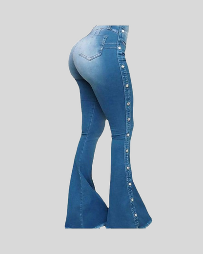 Hoch taillierte Stretch-Wischover-Flared-Jeans