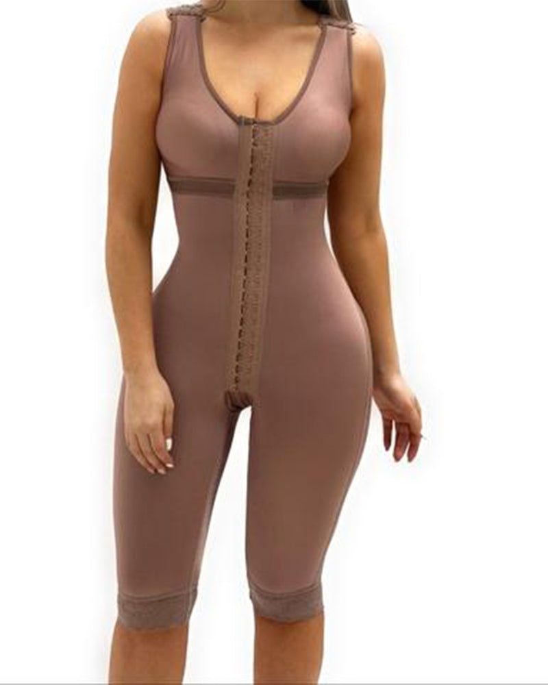 V-Ausschnitt Knielang-Shapewear mit BH und breiten Trägern