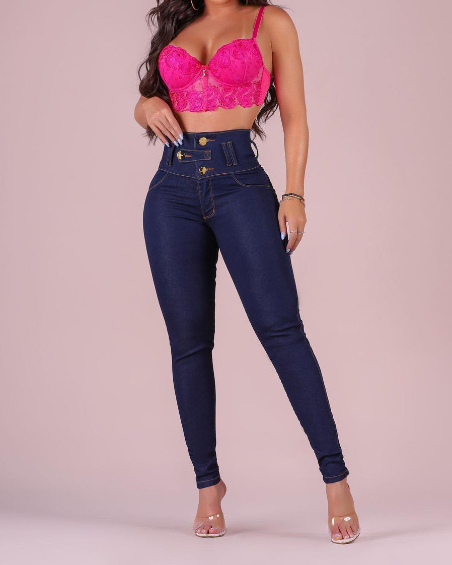 Hoch taillierte Skinny-Jeans mit drei Knöpfen
