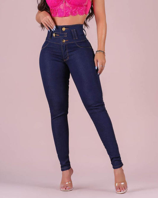 Hoch taillierte Skinny-Jeans mit drei Knöpfen