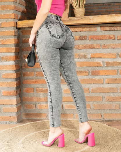 Hochbund-Skinny-Jeans in Grau