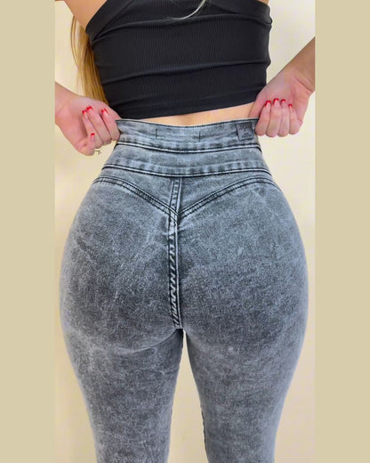 High Waist Doppelknopf Jeans mit Bauchkontrolle und Pfirsich-Po-Effekt