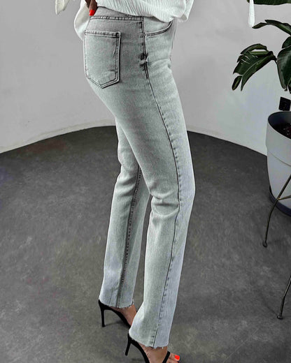 Hochtaillierte Boyfriend Damenjeans Grau