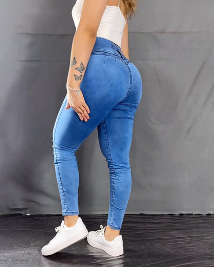 High Waist Multiple Buttons Control Butt Push Up Skinny Jeans