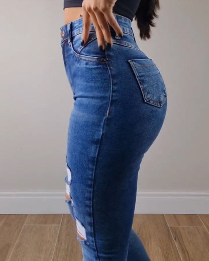 High-Waist Skinny-Jeans mit Destroyed-Optik